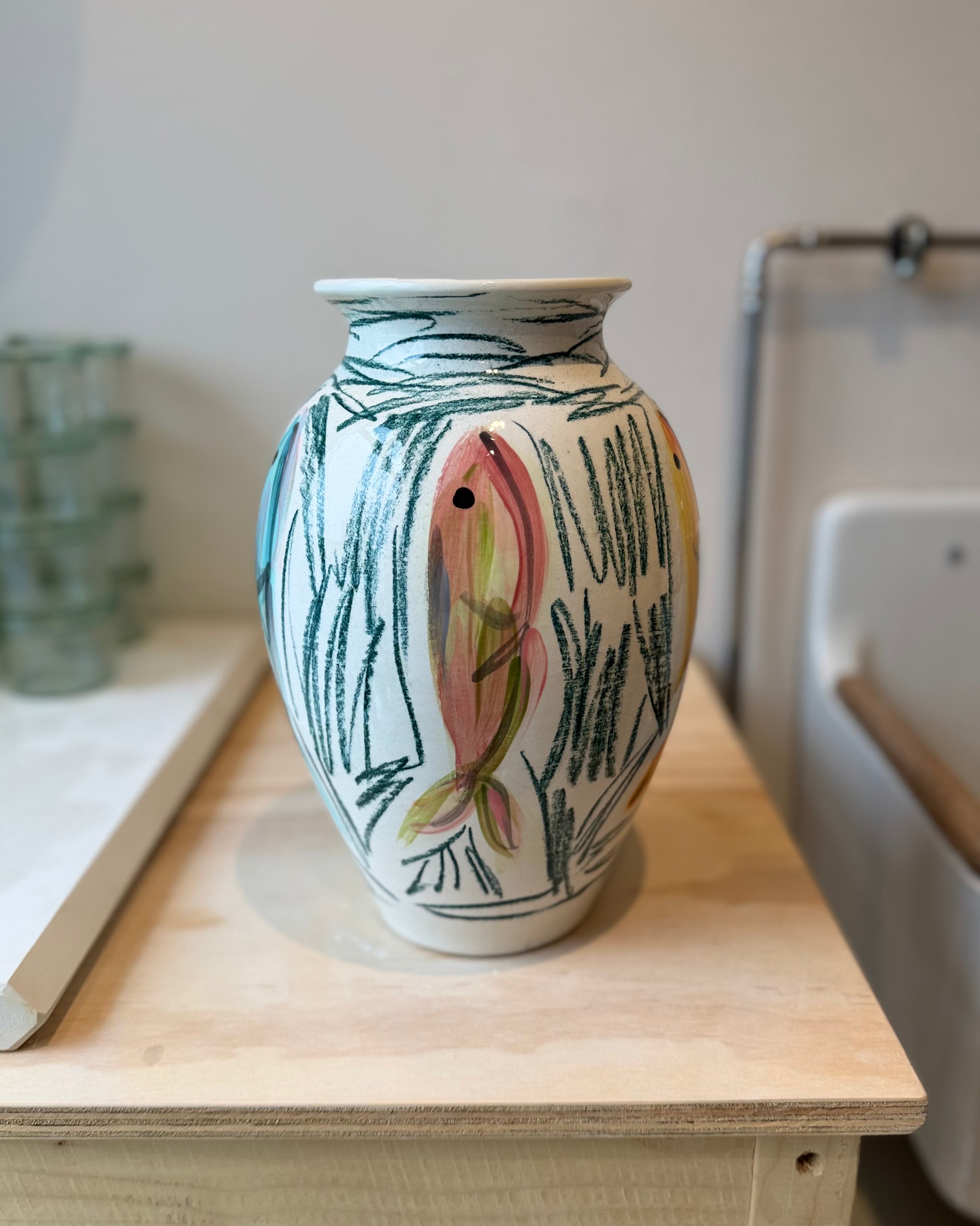 Hand painted Sardine vase Petroleum